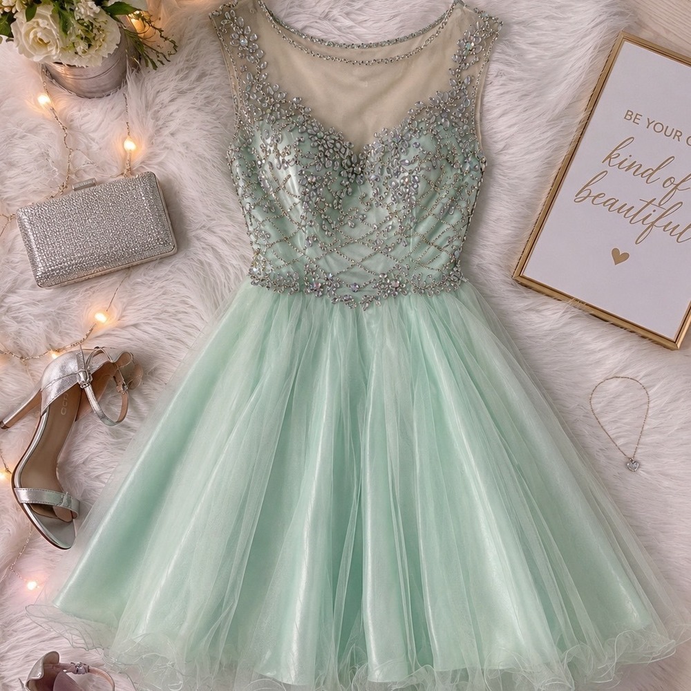 Clarisse Mint Beaded Homecoming Dress Size 2 Illusion Neck Rhinestone Fit Flare - Picture 2 of 14